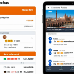 **

A split-screen image. On one side, a stressed-looking person stares at a flight booking website showing high prices for flights to Barcelona in July (summer). On the other side, a relaxed person smiles while looking at a similar website showing much lower prices for flights to Seville in October (autumn). The text overlay reads: "Sé flexible con las fechas: ¡Ahorra y viaja más!"  (Be flexible with dates: Save money and travel more!)

**