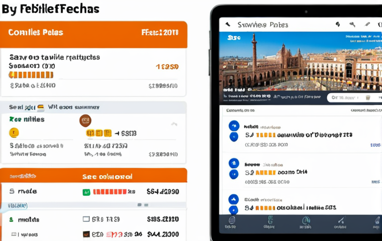 **
A split-screen image. On one side, a stressed-looking person stares at a flight booking website showing high prices for flights to Barcelona in July (summer). On the other side, a relaxed person smiles while looking at a similar website showing much lower prices for flights to Seville in October (autumn). The text overlay reads: "Sé flexible con las fechas: ¡Ahorra y viaja más!" (Be flexible with dates: Save money and travel more!)
**