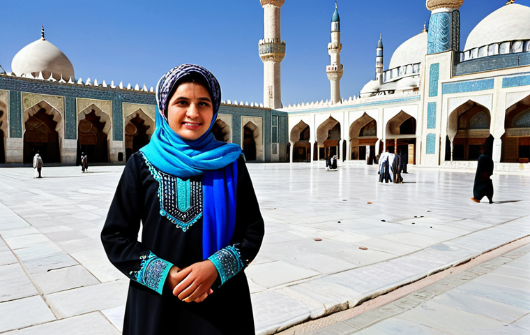 Afghan Woman in Traditional Clothing**
"A professional Afghan woman in traditional, fully clothed attire, standing in front of the Blue Mosque in Mazar-i-Sharif, Afghanistan. Modest clothing, headscarf, intricate patterns. Background shows bustling city life. Safe for work, appropriate content, perfect anatomy, natural proportions, high-quality photography, professional, family-friendly."
**