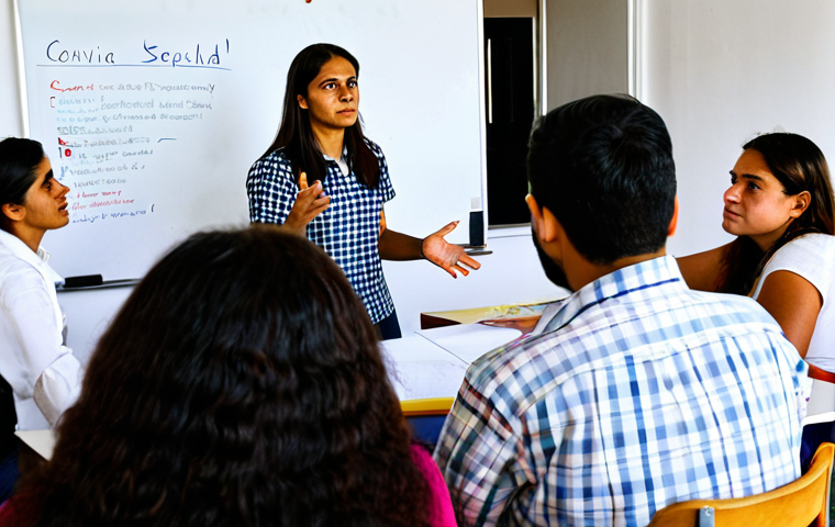 **
A diverse group of adults and teenagers participate in a community safety workshop in a brightly lit neighborhood center in Madrid. The facilitator, a woman in her 40s wearing a professional blouse, gestures toward a whiteboard displaying the words "Convivencia y Seguridad" (Coexistence and Security). Participants are engaged in discussions at tables, reviewing pamphlets about local crime prevention programs. The atmosphere is positive and collaborative. Include elements of a typical Spanish barrio, like posters promoting local events. Focus on capturing the sense of community and proactive engagement. "Safe for work", "appropriate content", "fully clothed", "professional", "family-friendly". perfect anatomy, correct proportions, natural pose, well-formed hands, proper finger count, natural body proportions.
**