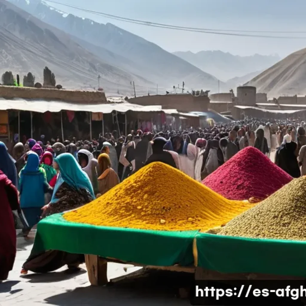 아프가니스탄 전후 복구 사례 - **Prompt:** A bustling marketplace scene in Kabul, Afghanistan. Focus on the vibrant colors of texti...