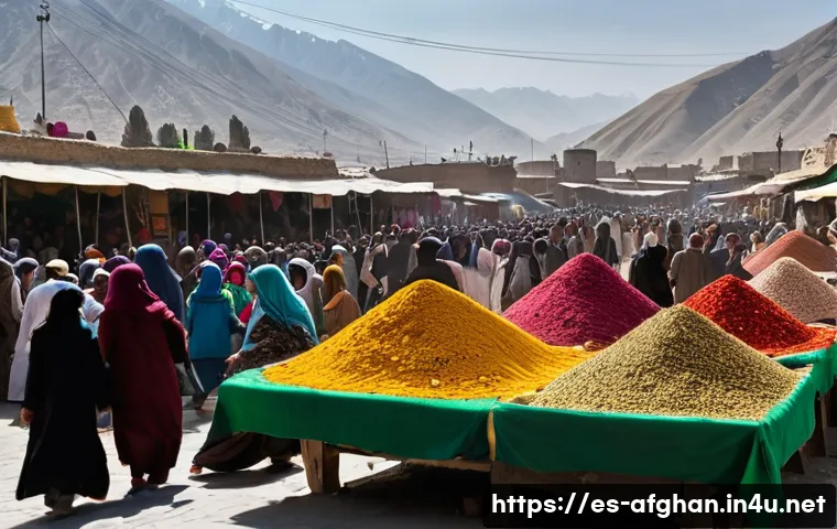아프가니스탄 전후 복구 사례 - **Prompt:** A bustling marketplace scene in Kabul, Afghanistan. Focus on the vibrant colors of texti...
