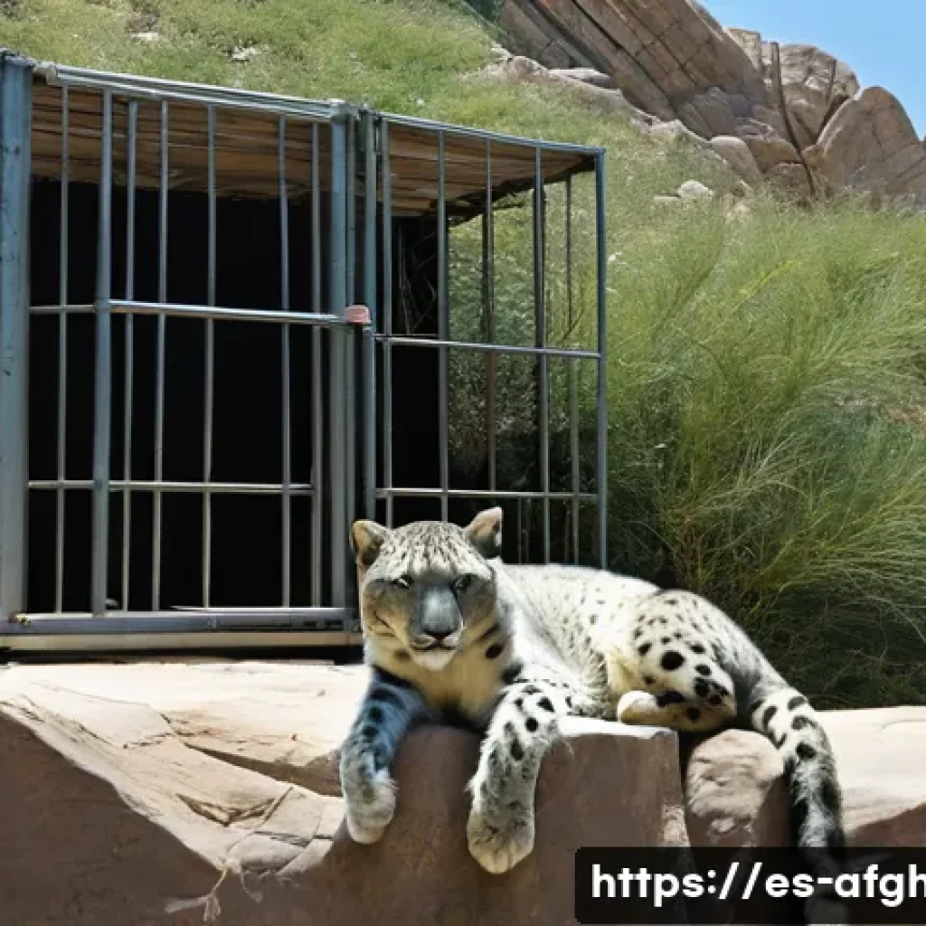 카불 동물원 탐방 - A detailed and realistic depiction of the Kabul Zoo’s snow leopard enclosure, featuring a vulnerable...