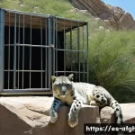 카불 동물원 탐방 - A detailed and realistic depiction of the Kabul Zoo’s snow leopard enclosure, featuring a vulnerable...