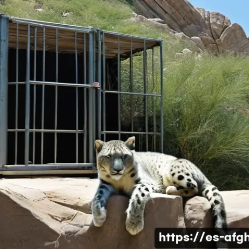 카불 동물원 탐방 - A detailed and realistic depiction of the Kabul Zoo’s snow leopard enclosure, featuring a vulnerable...