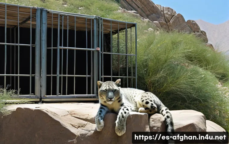 카불 동물원 탐방 - A detailed and realistic depiction of the Kabul Zoo’s snow leopard enclosure, featuring a vulnerable...