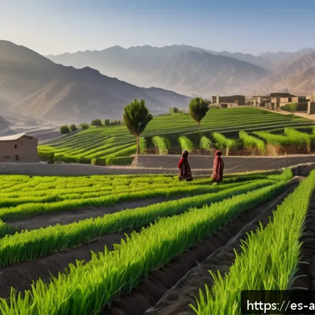 아프가니스탄 경제 재건 - A vibrant rural Afghan farming scene at sunrise, showcasing small-scale farmers wearing traditional ...