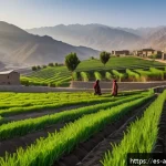아프가니스탄 경제 재건 - A vibrant rural Afghan farming scene at sunrise, showcasing small-scale farmers wearing traditional ...