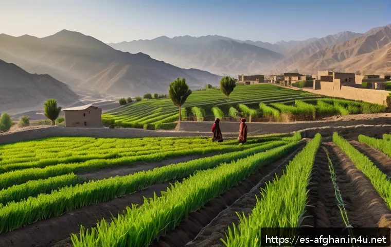아프가니스탄 경제 재건 - A vibrant rural Afghan farming scene at sunrise, showcasing small-scale farmers wearing traditional ...