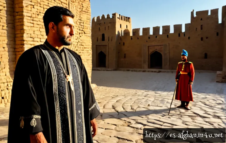 아프가니스탄 왕조 변천사 - Photorealistic historical scene of an Afghan royal succession, a dignified ruler in richly embroider...